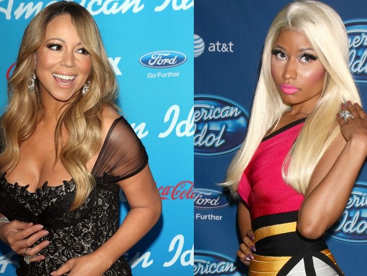 Zwei Fotos nebeneinander von Mariah Carey und Nicki Minaj, die bei verschiedenen American Idol-Events über den roten Teppich laufen
