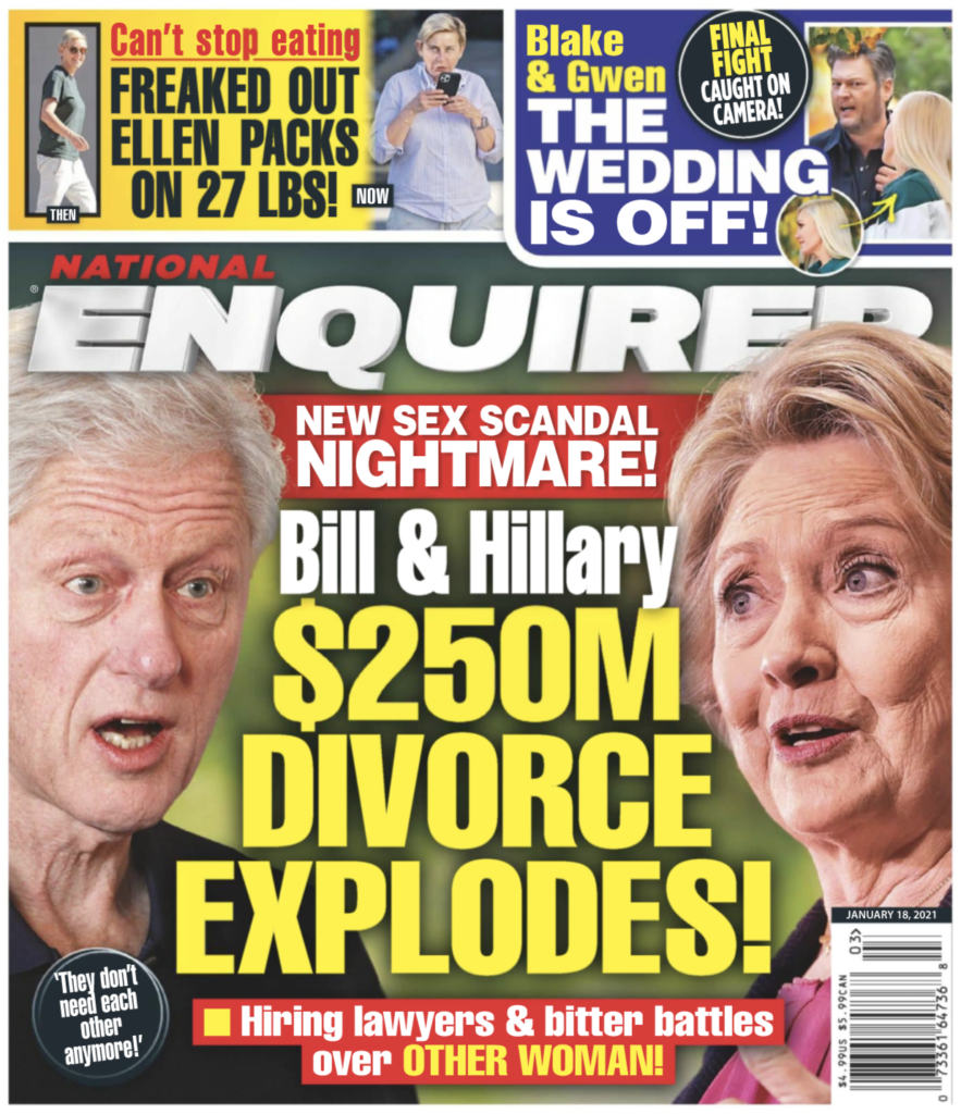 Naslovnica National Enquirer z dne 19. januarja 2021 z Billom in Hillary Clinton.